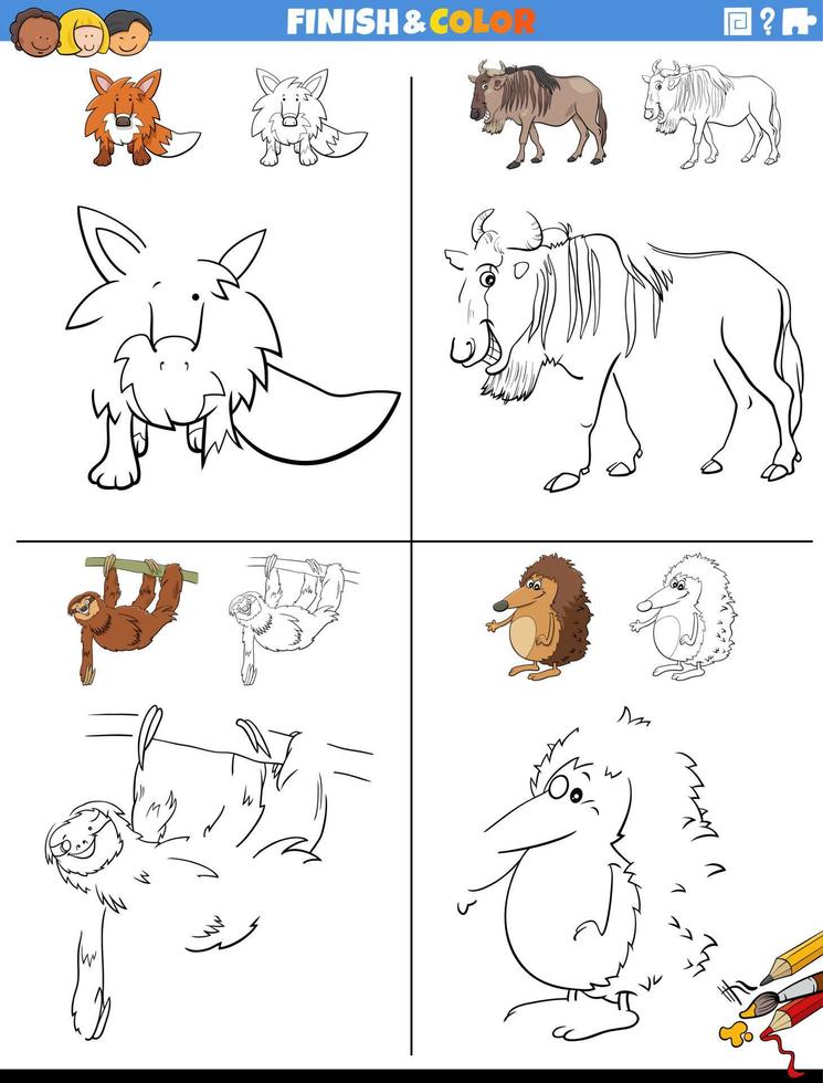 desenhando e coloração fichas de trabalho conjunto com animais vetor