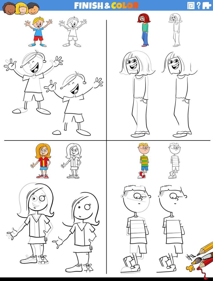 desenhando e coloração fichas de trabalho conjunto com crianças personagens vetor