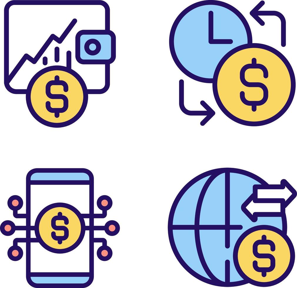 diariamente dinheiro fluxo pixel perfeito rgb cor ícones definir. de hora em hora ganhos. estoque negociação. internacional dinheiro transferir. isolado vetor ilustrações. simples preenchidas linha desenhos coleção. editável acidente vascular encefálico