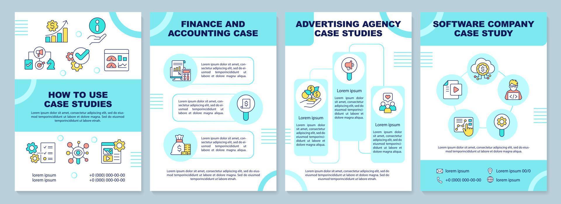 implementação do caso estude turquesa folheto modelo. folheto Projeto com linear ícones. editável 4 vetor layouts para apresentação, anual relatórios