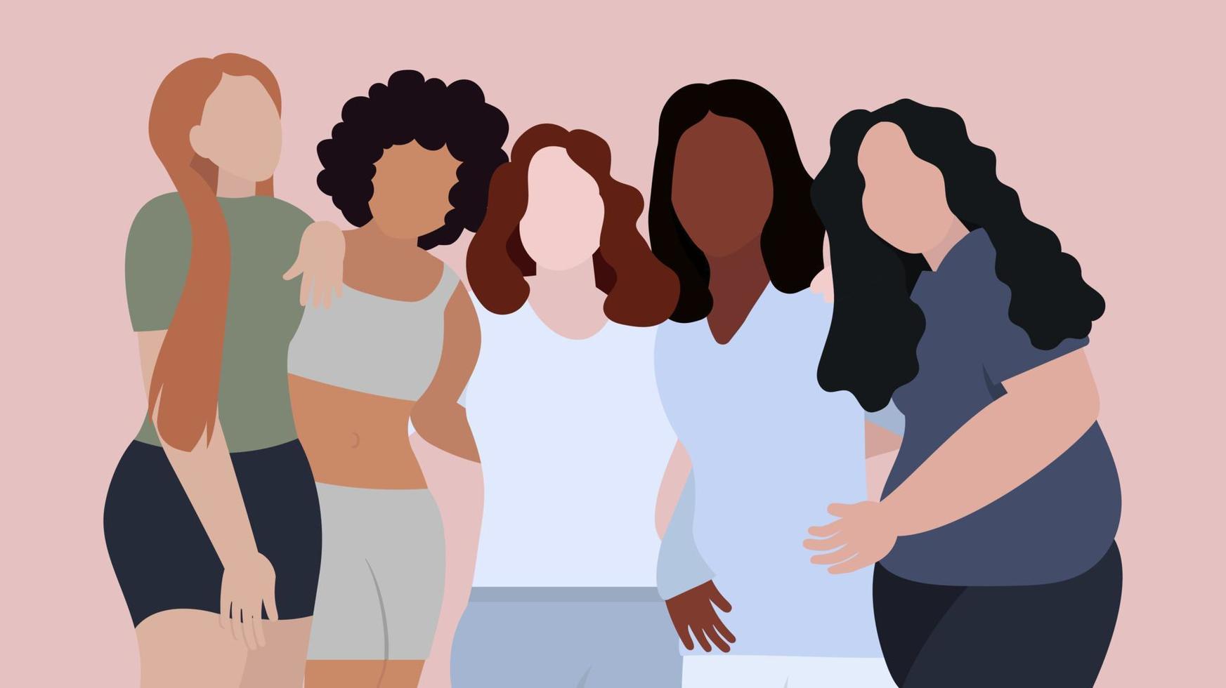 plano ilustração do mulheres abraçando cada outro, a beleza do harmonia dentro diversidade e inclusão vetor