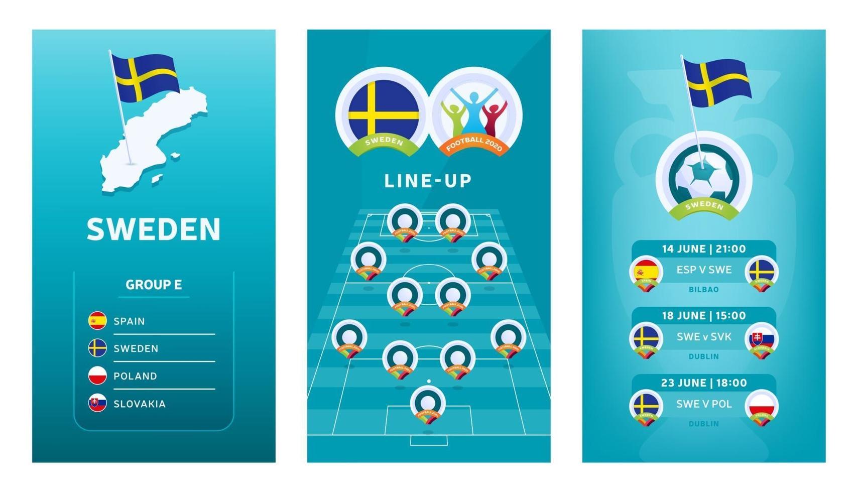 banner vertical do futebol europeu 2020 definido para mídias sociais. Banner do grupo sueco e com mapa isométrico, bandeira, cronograma de jogos e escalação no campo de futebol vetor
