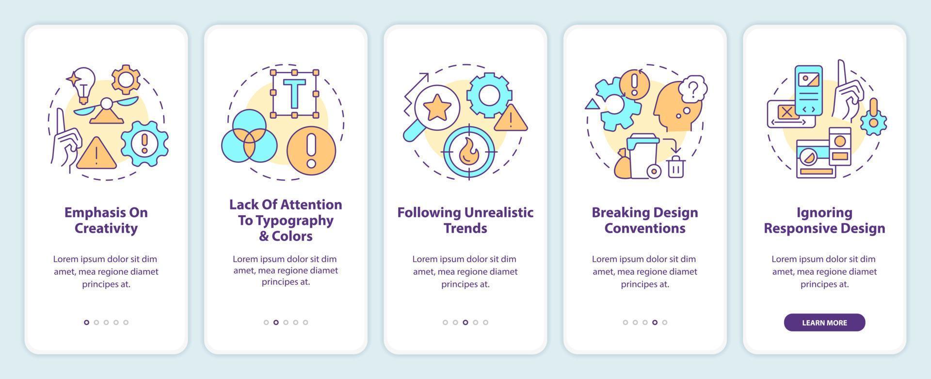 rede desenhador erros onboarding Móvel aplicativo tela. do utilizador interface. passo a passo 5 passos editável gráfico instruções com linear conceitos. interface do usuário, ux, gui modelo vetor