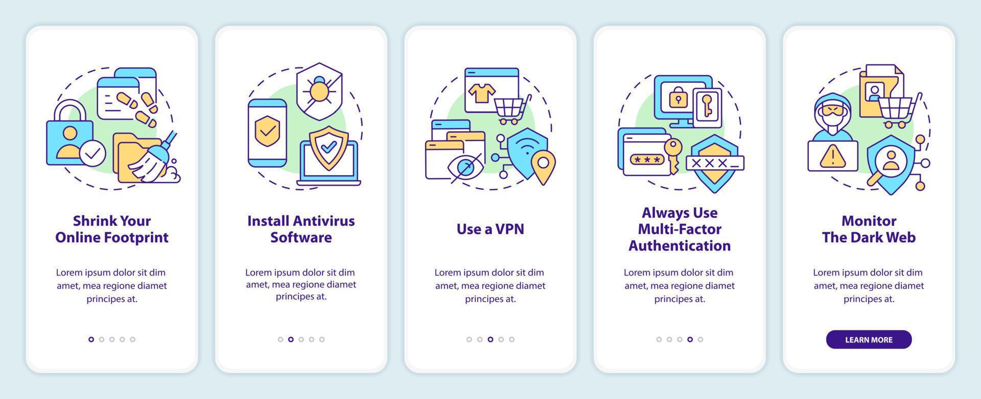 proteger você mesmo a partir de ataques cibernéticos onboarding Móvel aplicativo tela. passo a passo 5 passos editável gráfico instruções com linear conceitos. interface do usuário, ux, gui modelo vetor