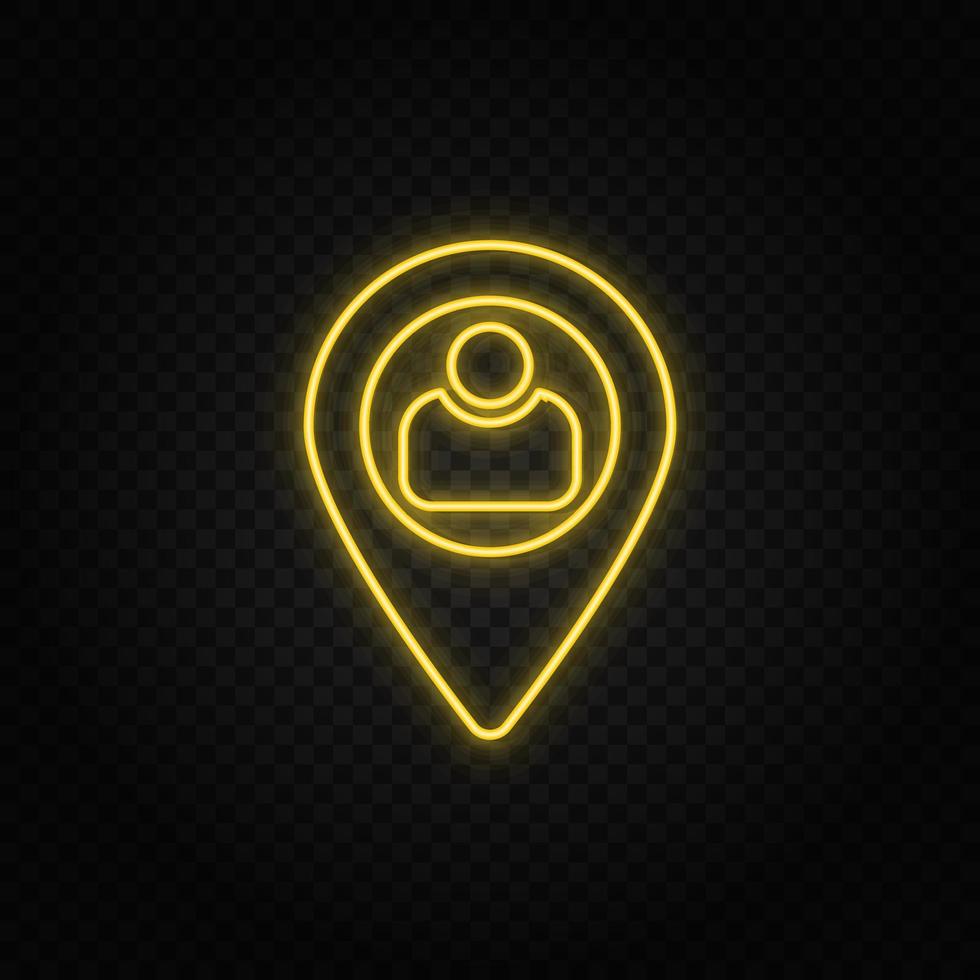 do utilizador, localização amarelo néon ícone .transparente fundo. amarelo néon vetor ícone em Sombrio fundo