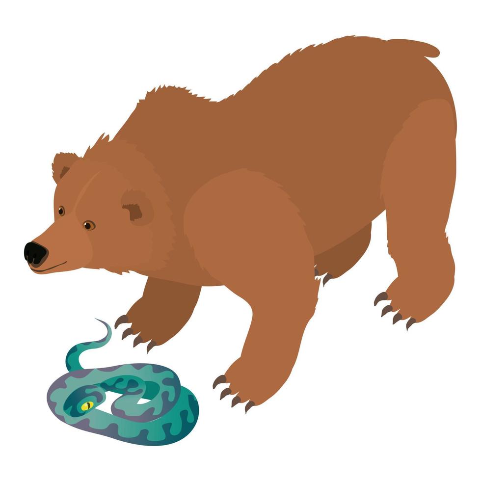 animal conceito ícone isométrico vetor. grande Castanho Urso perto colorida roxa serpente vetor
