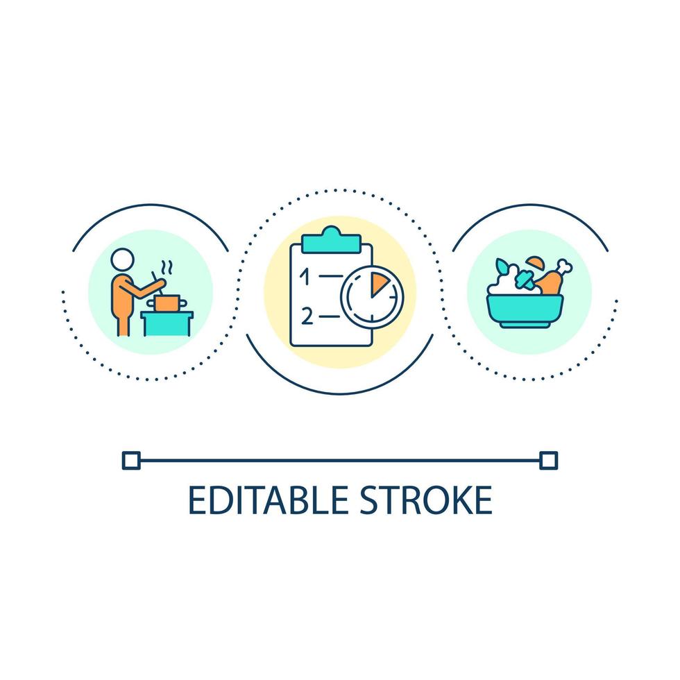 Tempo para preparar Comida ciclo conceito ícone. cozinhando agendar. saudável dieta. comendo regime. cozinha deveres abstrato idéia fino linha ilustração. isolado esboço desenho. editável acidente vascular encefálico vetor