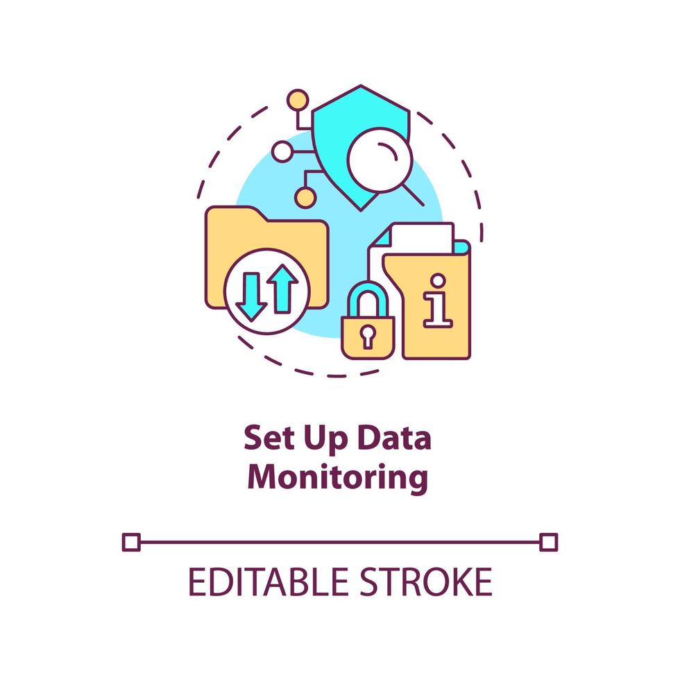 conjunto acima dados monitoramento conceito ícone. Verifica interação com sensível arquivos. segurança abstrato idéia fino linha ilustração. isolado esboço desenho. editável acidente vascular encefálico vetor