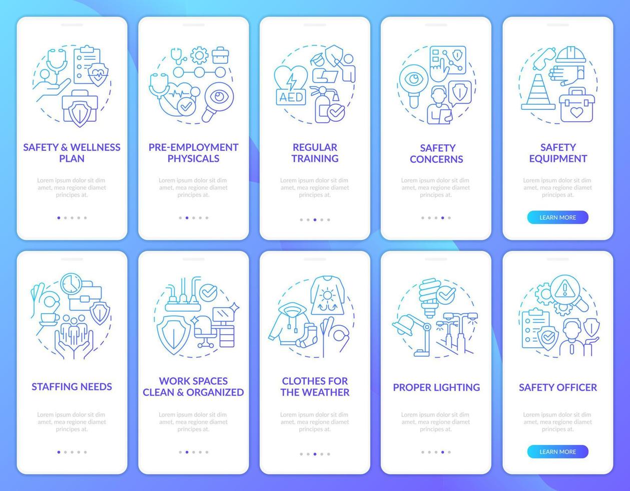 reduzindo acidentes às trabalhos dicas azul gradiente onboarding Móvel aplicativo tela definir. passo a passo 5 passos gráfico instruções com linear conceitos. interface do usuário, ux, gui modelo vetor