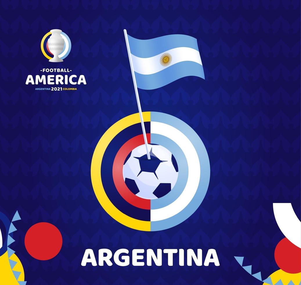 Argentina acena a bandeira no mastro e na bola de futebol. ilustração em vetor futebol América do Sul 2021 argentina colômbia. padrão de torneio abckground