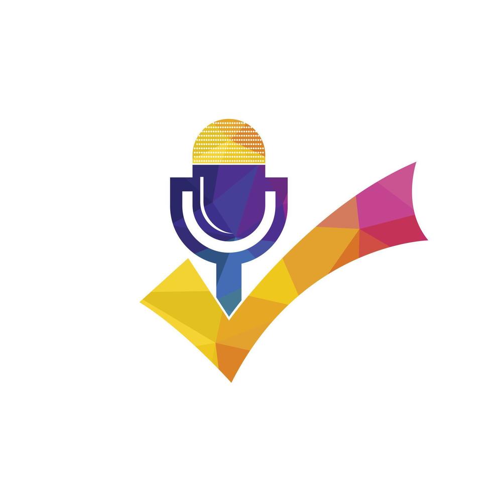 Verifica podcast vetor logotipo Projeto modelo. microfone e Carraça ícone Projeto.