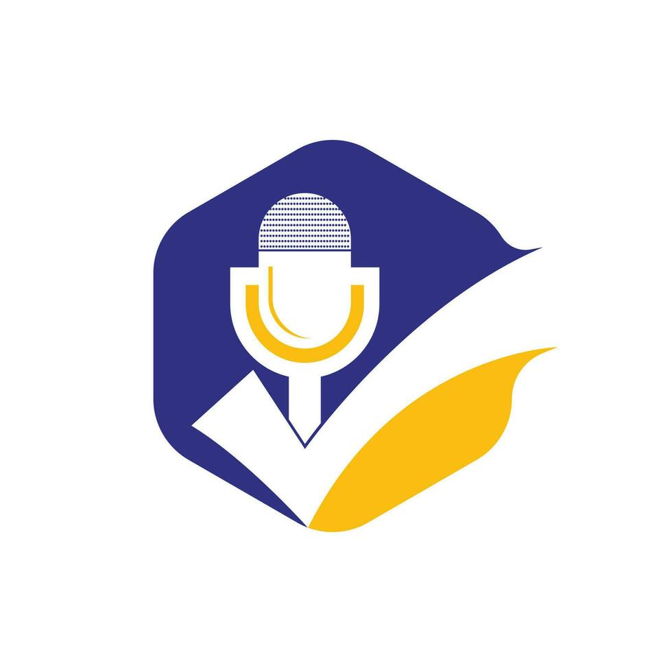 Verifica podcast vetor logotipo Projeto modelo. microfone e Carraça ícone Projeto.
