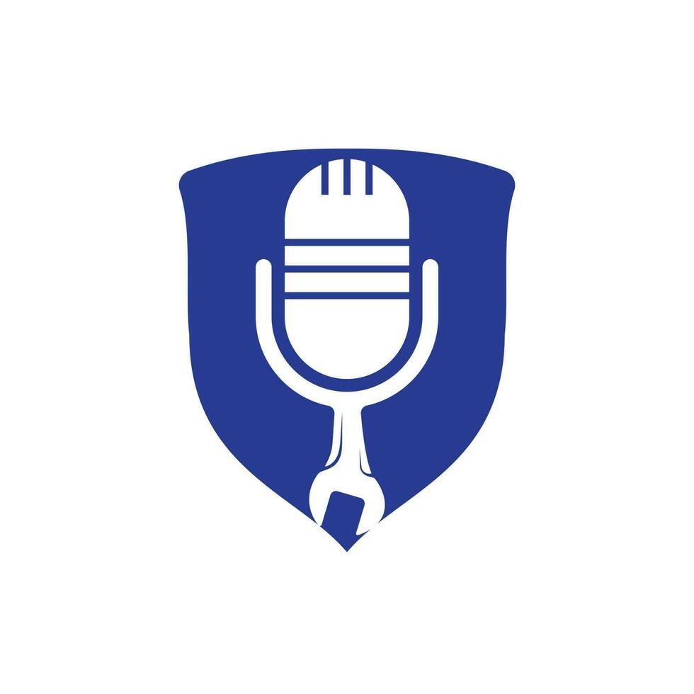 reparar o design do logotipo de vetor de podcast. design de ícone de chave e microfone.