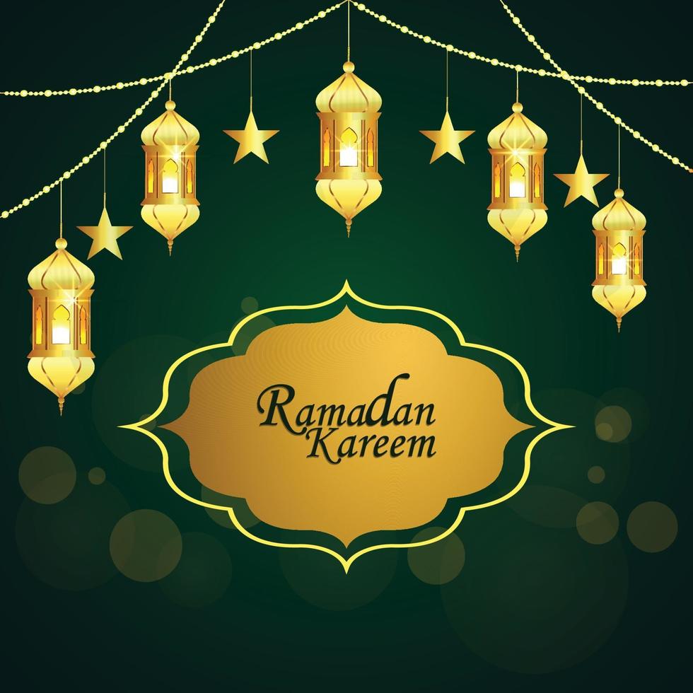 fundo verde com lanterna dourada do ramadan kareem ou eid mubarak vetor