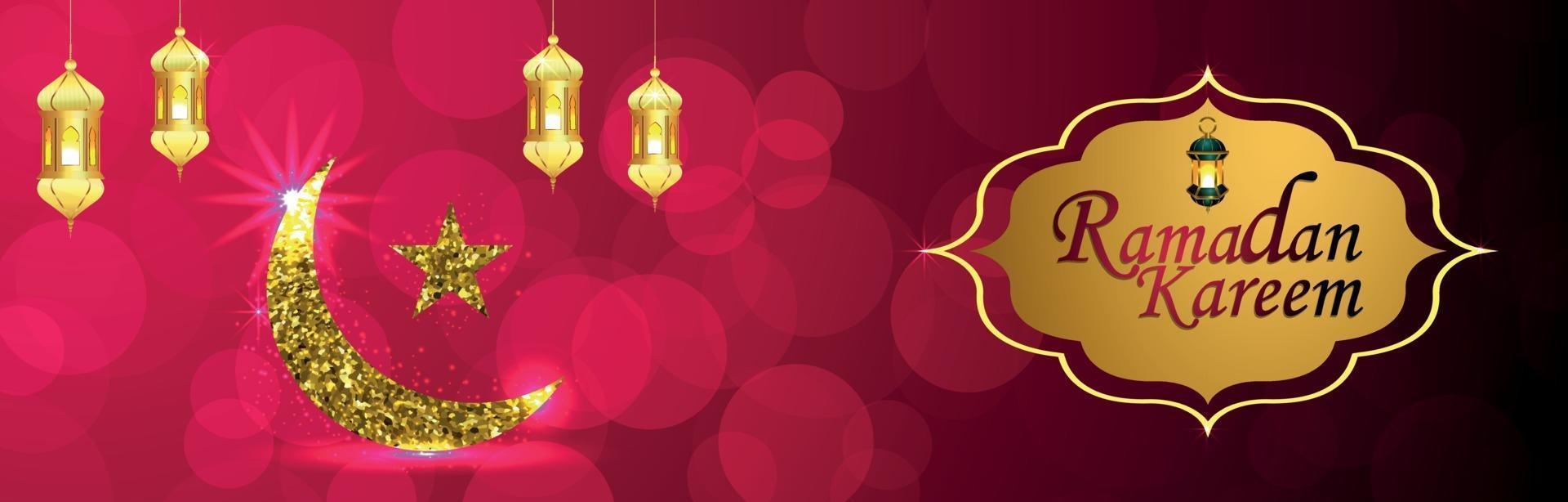 banner ou cabeçalho ramadan kareem com lua dourada e lanterna vetor