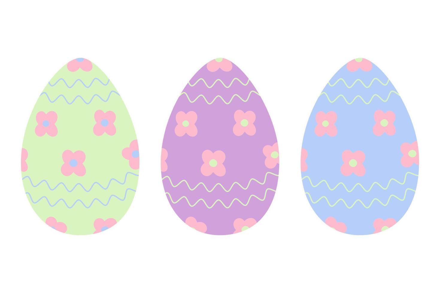 conjunto do três Páscoa ovos dentro na moda suave verde, lilás e azul com padronizar do ondulado linhas e flores vetor