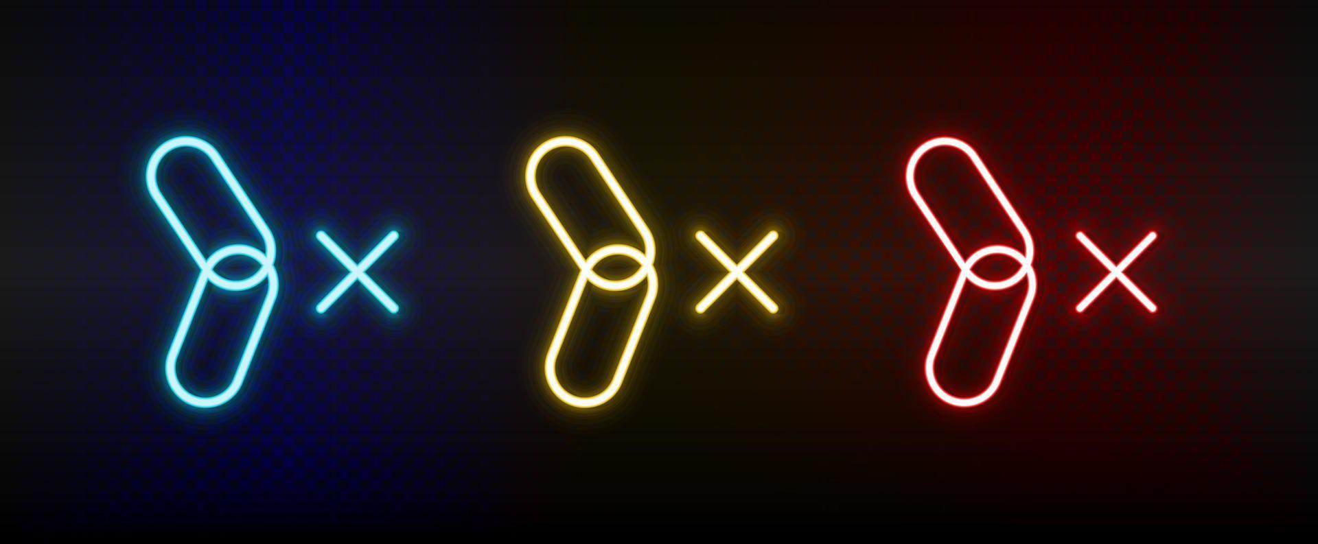 quebrar, conexão, ligação néon ícone definir. conjunto do vermelho, azul, amarelo néon vetor ícone em Sombrio transparente fundo