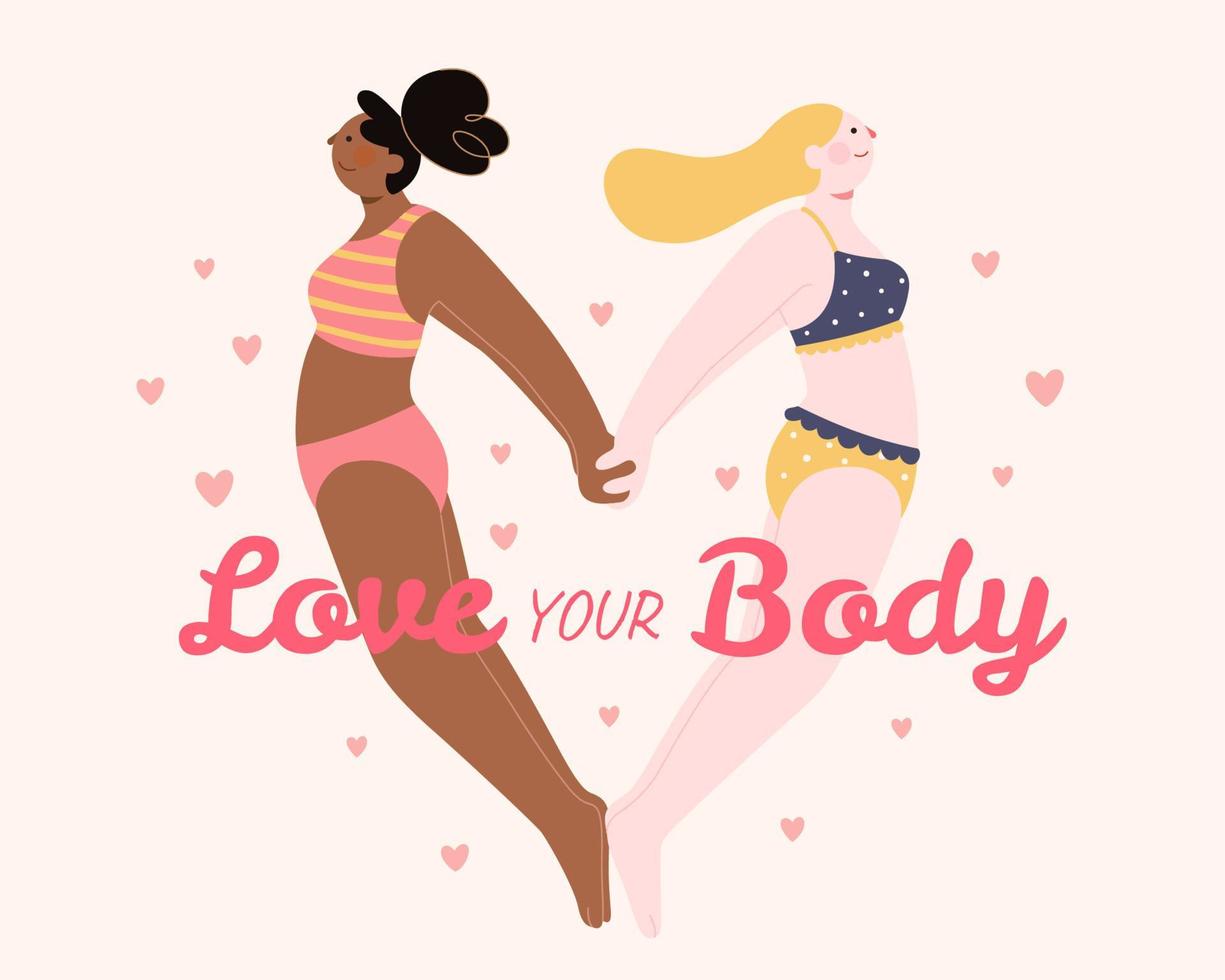 plano ilustração do dois feliz multi étnico mulheres dentro bikini em pé dentro coração em forma postura. conceito do amor seu corpo e corpo positividade. vetor