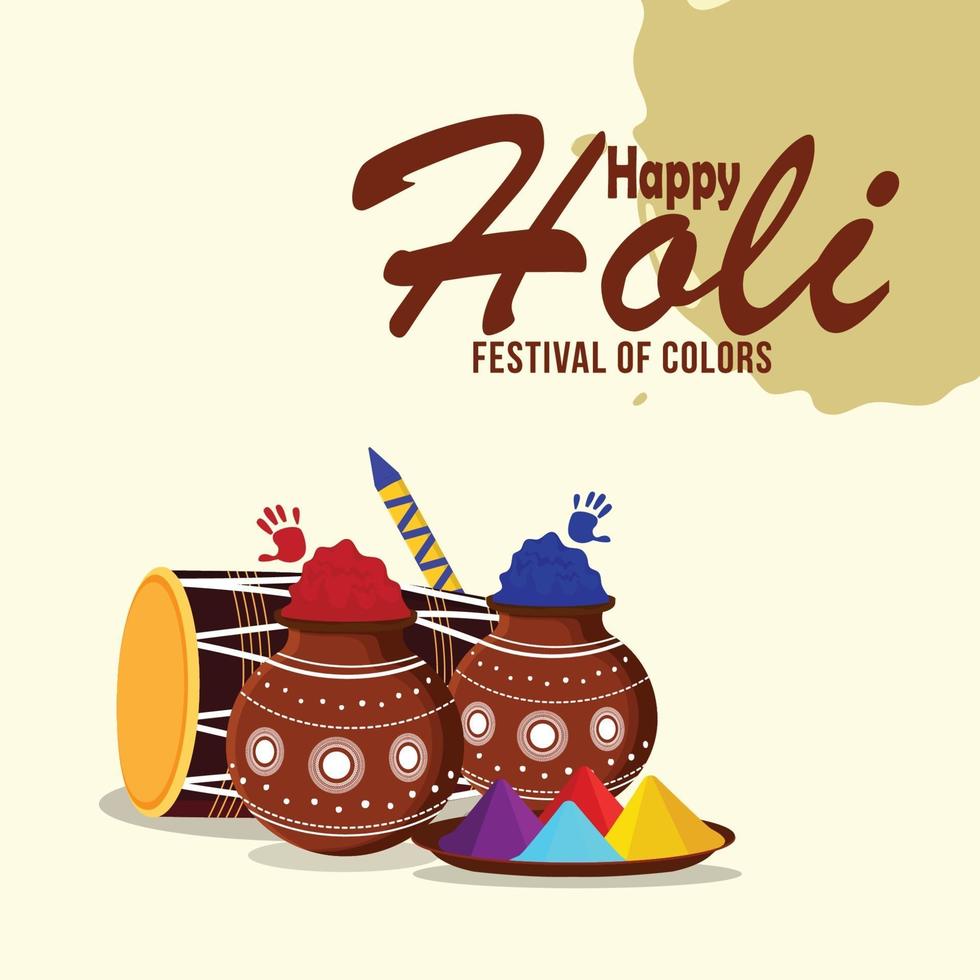 feliz festival de cores holi com gulal e dhol coloridos vetor