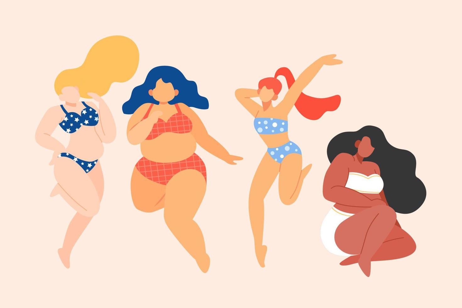 plano ilustração do auto amor do tamanho grande mulheres. grupo do fêmea vestindo lingerie, sutiã e bikini com coração, a conceito do corpo positividade vetor