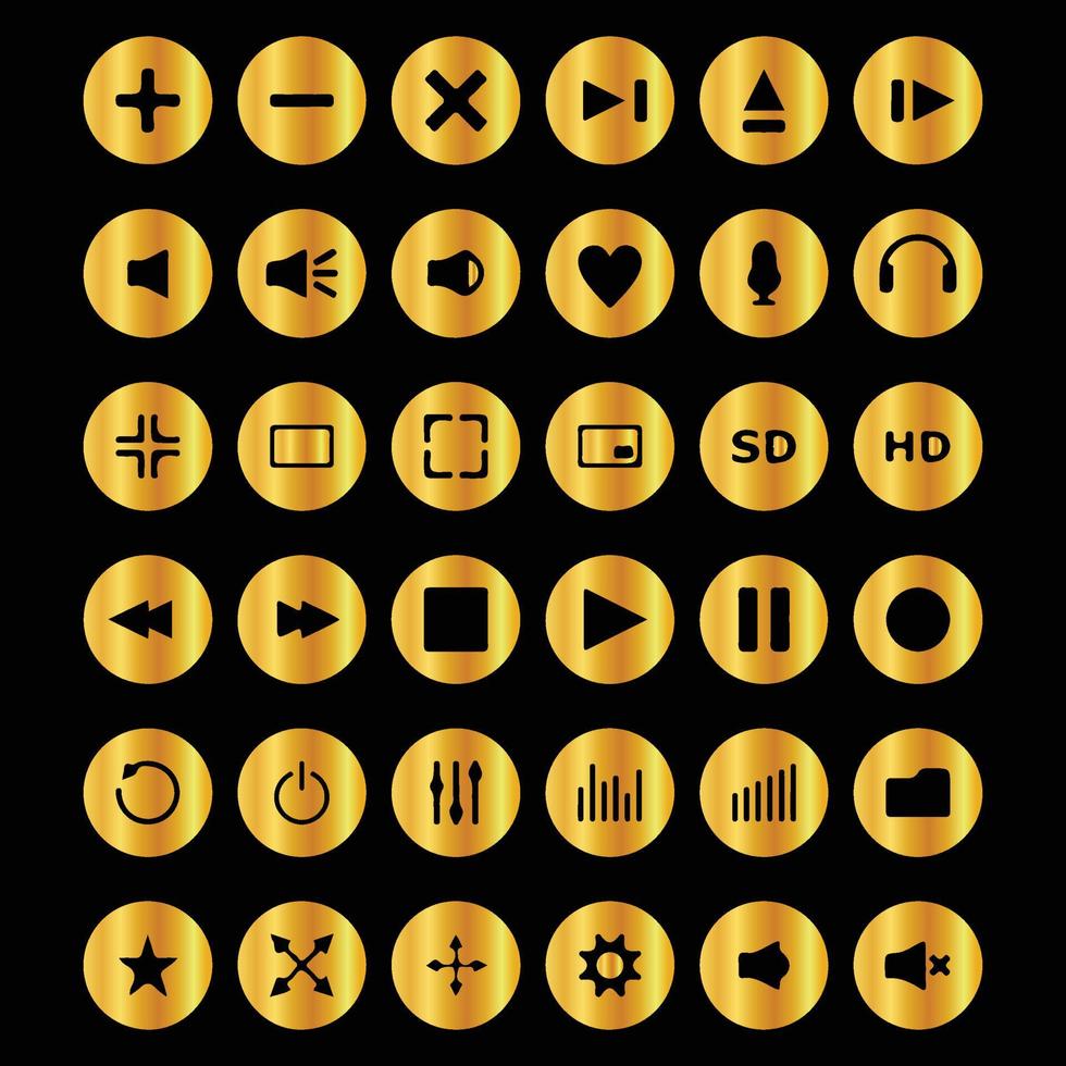 dourado ícone conjunto para música ou vídeo jogador consiste do jogar, pausa, parar, registro e Mais botões vetor