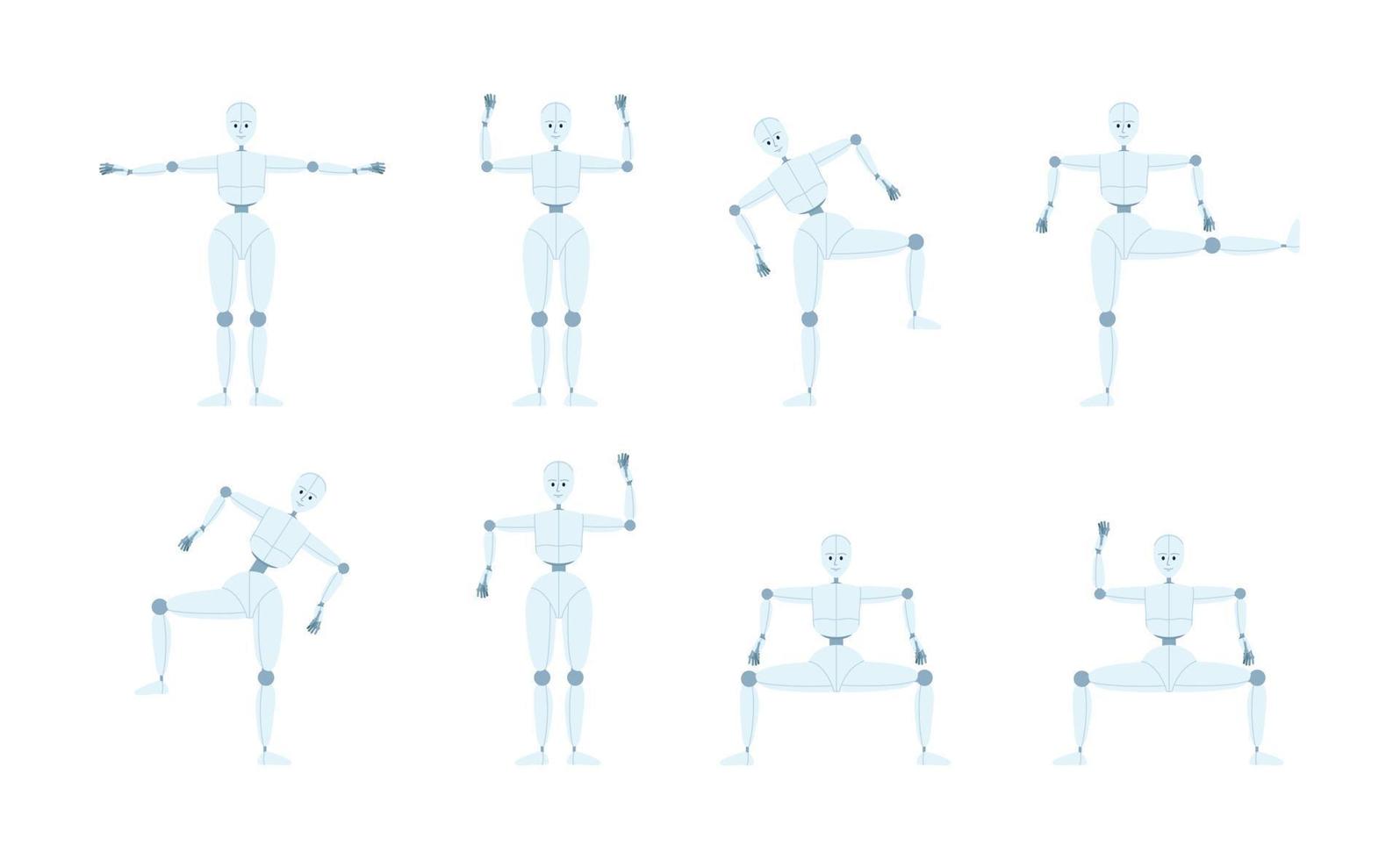 humanóide robô dança movimentos semi plano cor vetor personagem pacote. editável cheio corpo figuras em branco. simples desenho animado estilo local ilustração pacote para rede gráfico Projeto e animação