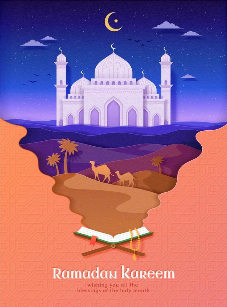 a piedosos livro do Alcorão em uma ficar de pé reflete mesquita às areia dunas debaixo uma iluminador crescente em uma estrelado noite. papercut estilo cumprimento poster para islâmico feriado vetor