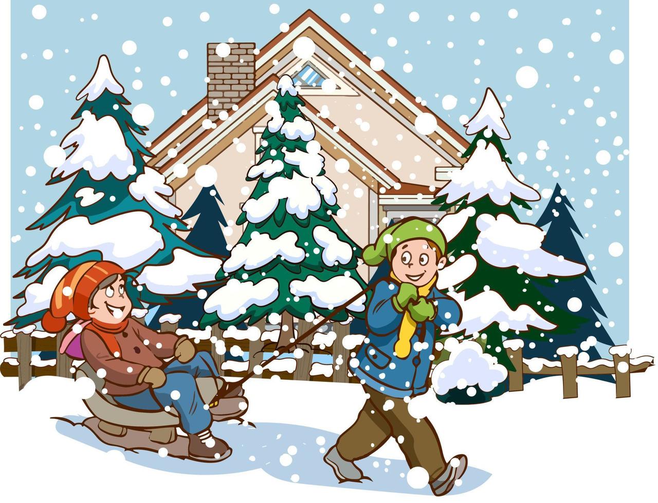 crianças jogar lado de fora dentro a inverno temporada. desenho animado estilo vetor fundo. feliz crianças com tendo Diversão enquanto nevando dentro uma parque patinação, esquiar, fazer uma boneco de neve, jogando bola de neve e trenó.