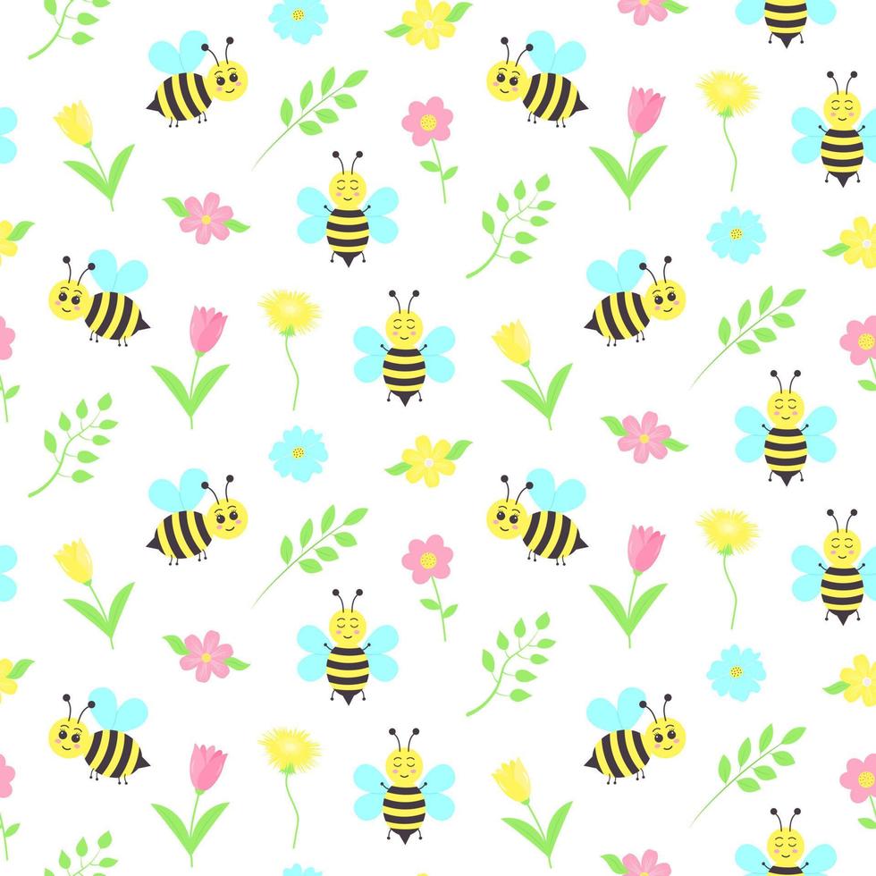 desatado padronizar com fofa desenho animado abelhas, tulipas, dente-de-leão, flores e galhos. fofa mão desenhado floral padronizar. vetor