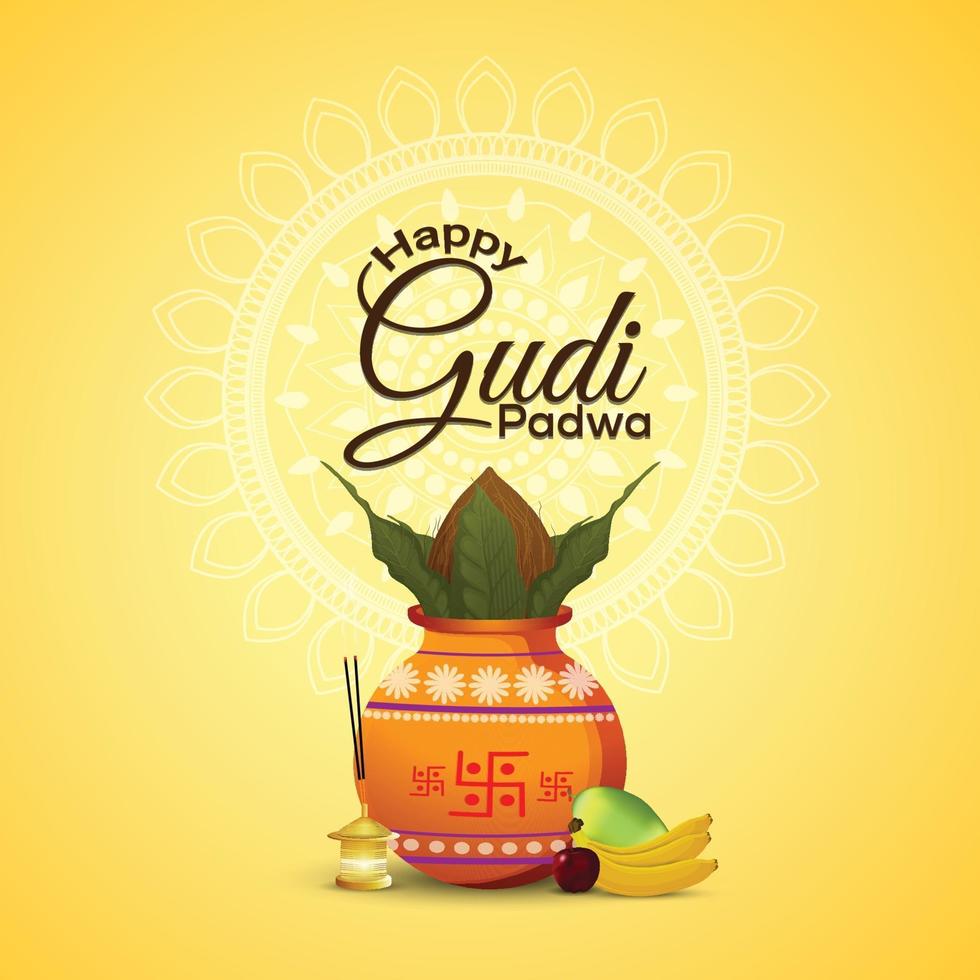 fundo gudi padwa feliz com kalash e bambu criativos vetor