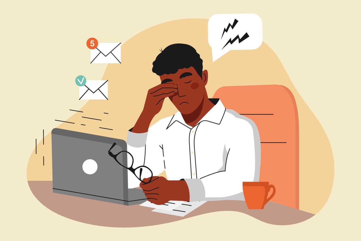 africano americano cara é trabalhando em uma computador portátil. cansado personagem. conceito do olho saúde enquanto trabalhando às a computador. plano gráficos, vetor ilustração.
