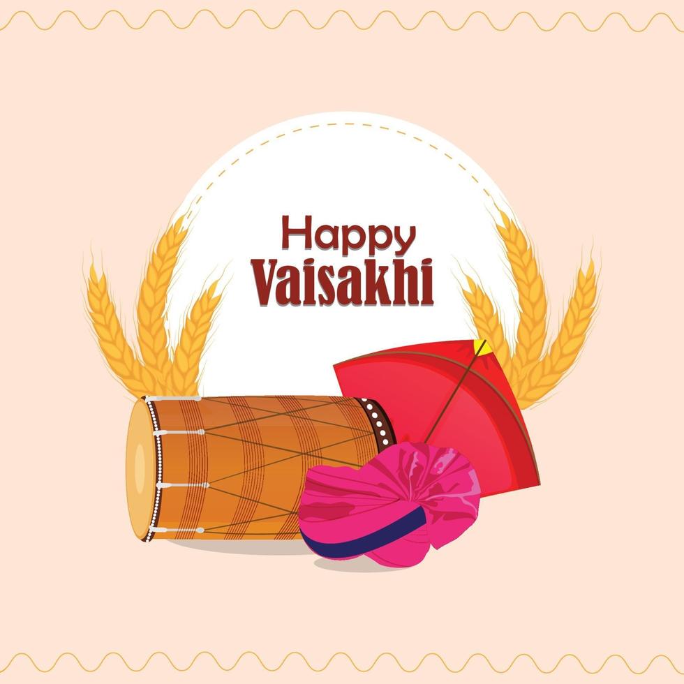 conceito de design plano baisakhi feliz com dhol e trigo vetor