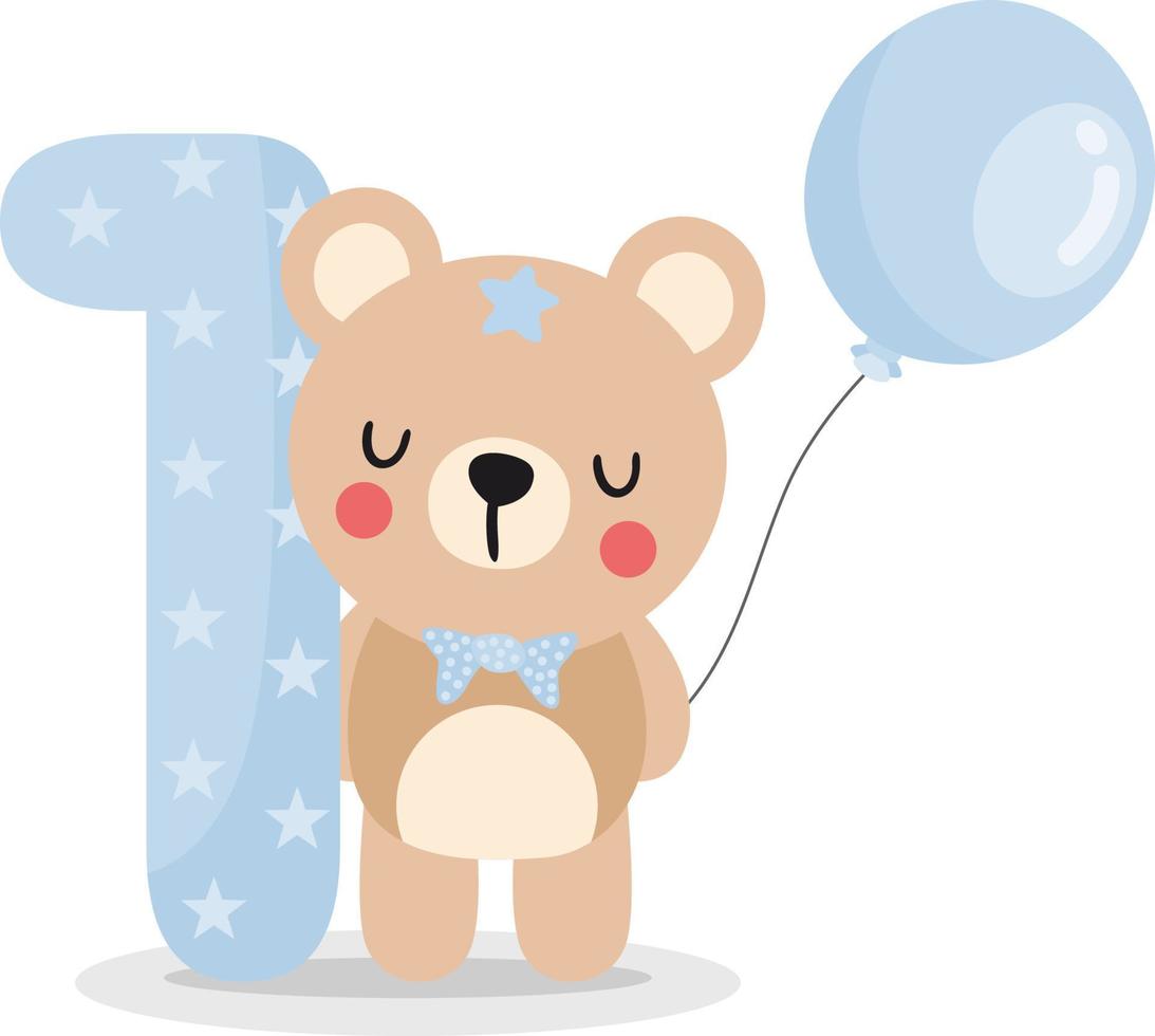 fofa Urso de pelúcia Urso Garoto com balão para comemoro feliz 1º ano ou 1º mês vetor