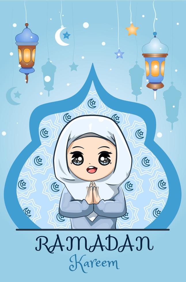 menina muçulmana ramadan kareem fundo azul vetor