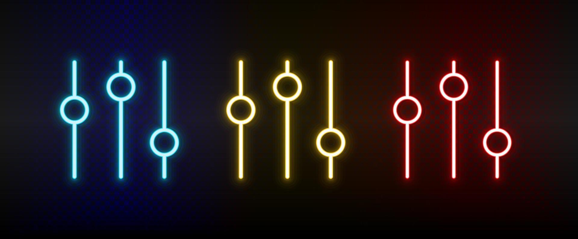 afinação, ao controle, configuração néon ícone definir. conjunto do vermelho, azul, amarelo néon vetor ícone em Sombrio transparente fundo