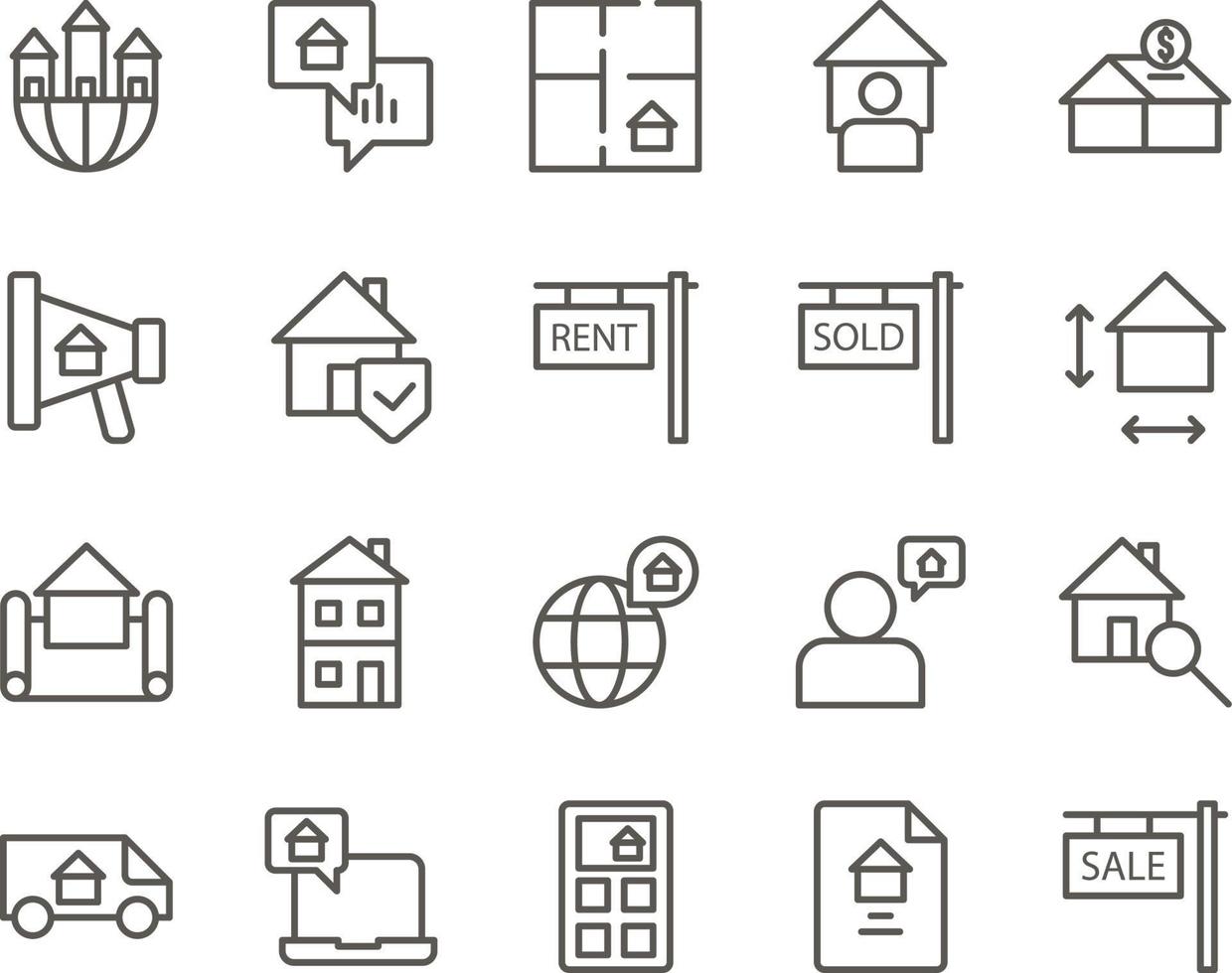 casa, propriedade, venda conjunto vetor ícones. real Estado ícone definir. simples conjunto do real Estado relacionado vetor linha ícones. contém tal ícones Como mapa, plano, quartos de dormir em branco fundo