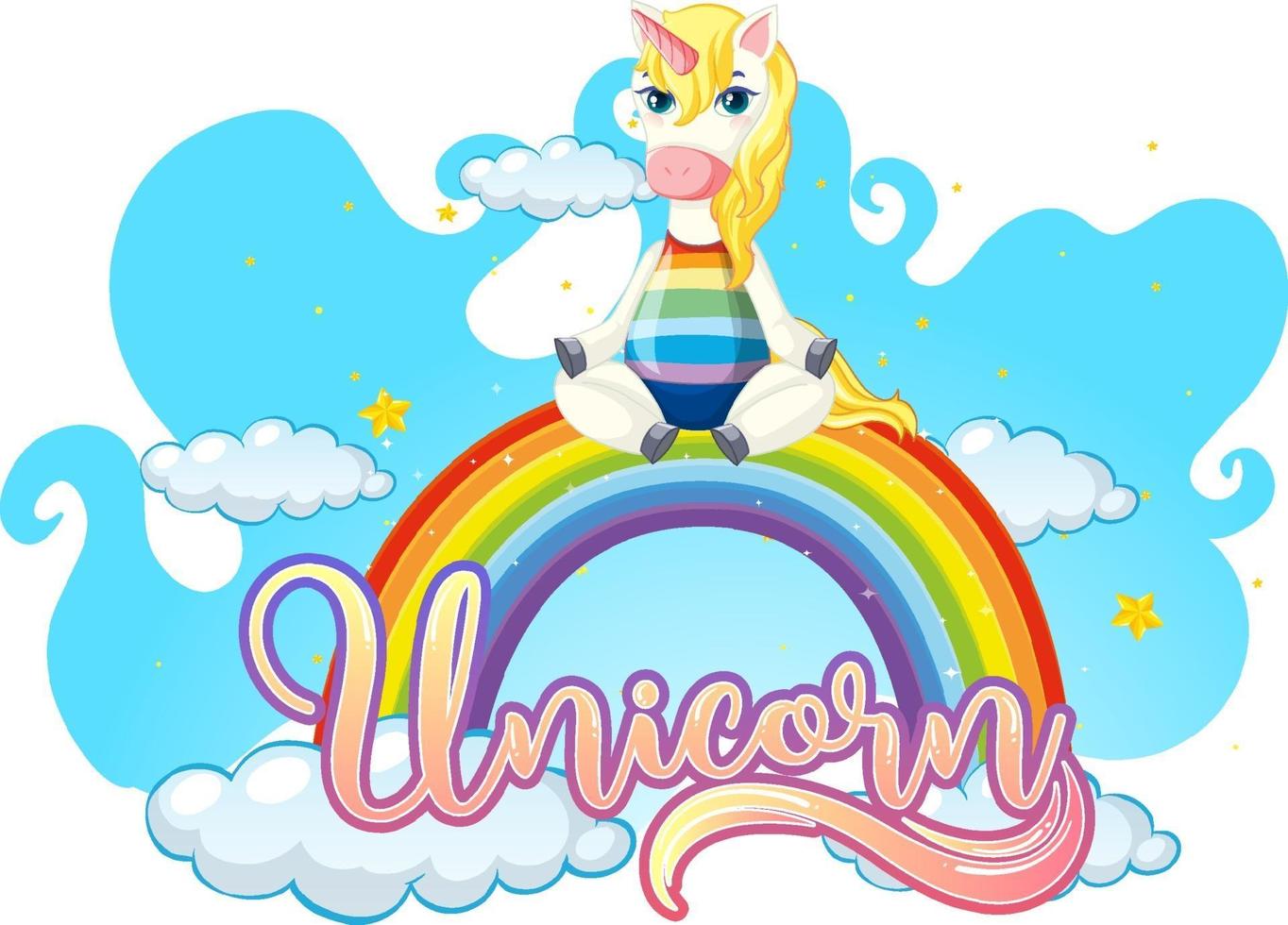 personagem de desenho animado de unicórnio em pé no arco-íris com fonte de unicórnio vetor