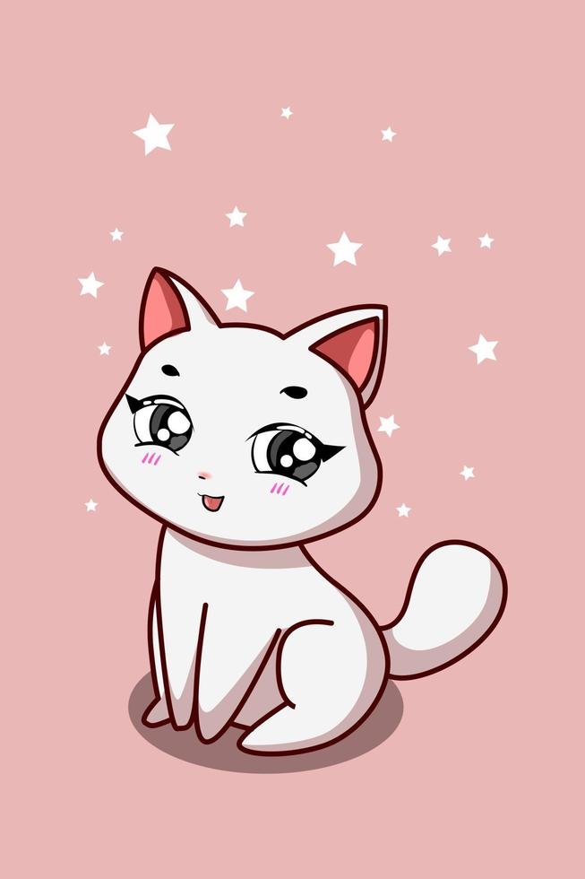um gato branco fofo com fundo rosa vetor