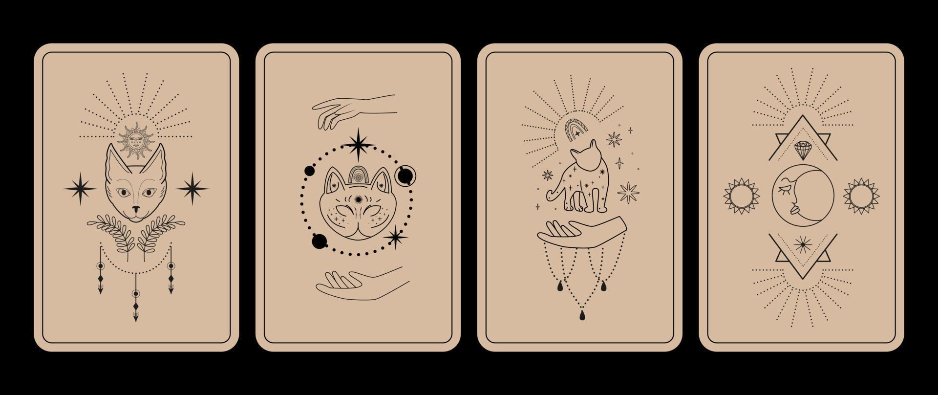 Magia bruxa tarot cartões. Preto gato, celestial símbolos, mãos. bolorento esotérico símbolos. dia das Bruxas. vetor