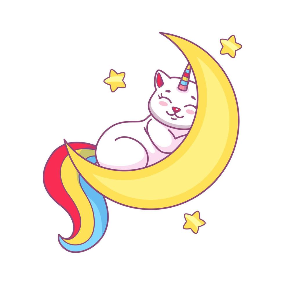 fofa desenho animado caticorn personagem dormindo em lua vetor