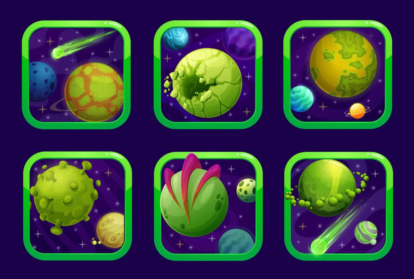 desenho animado espaço jogo, aplicativo ícones com verde planetas vetor