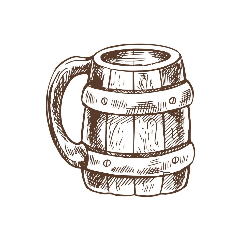 desenhado à mão esboço do Cerveja de madeira caneca isolado em branco fundo. vetor vintage gravado ilustração.