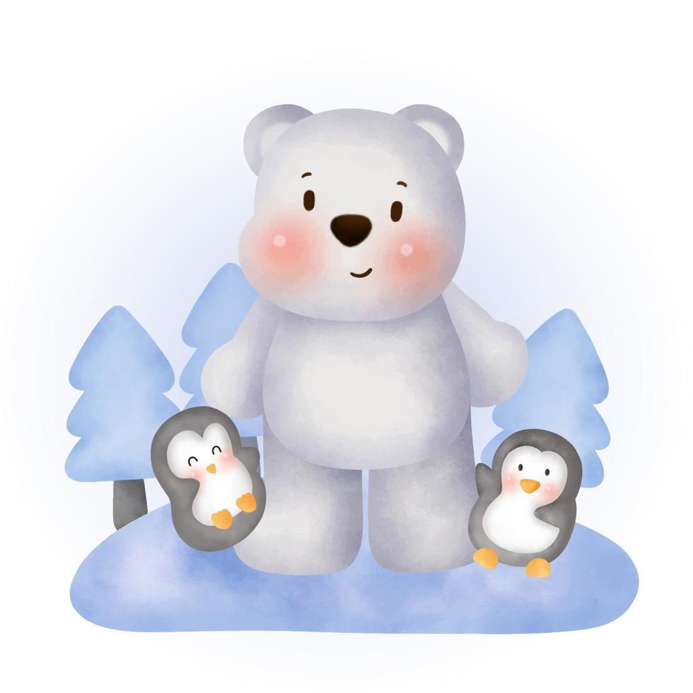 aquarela urso polar fofo e pinguins vetor
