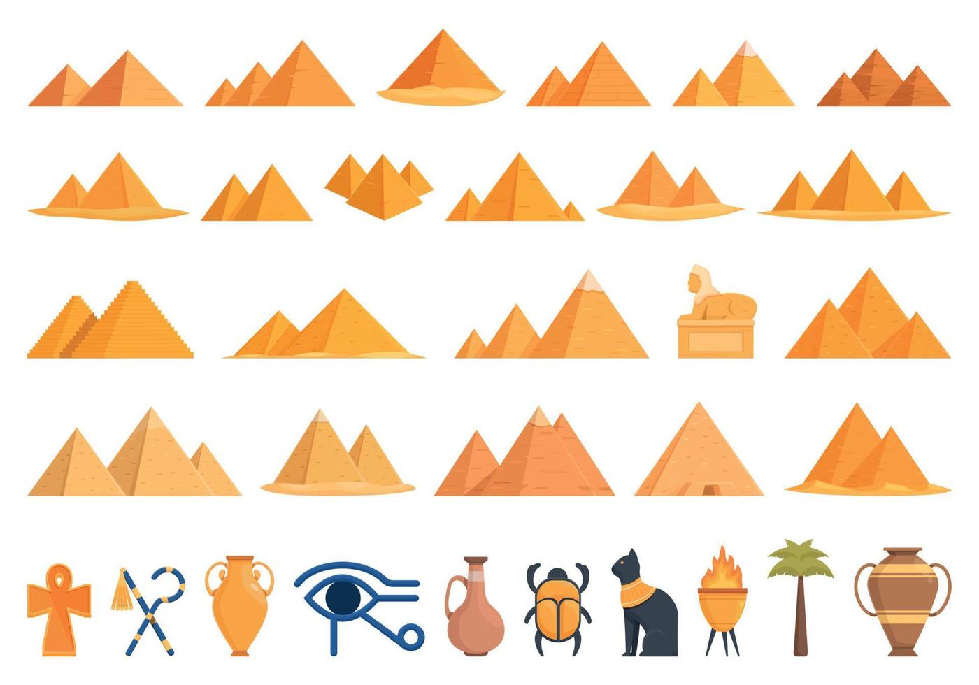 egípcio pirâmides ícones conjunto desenho animado vetor. antigo mundo vetor