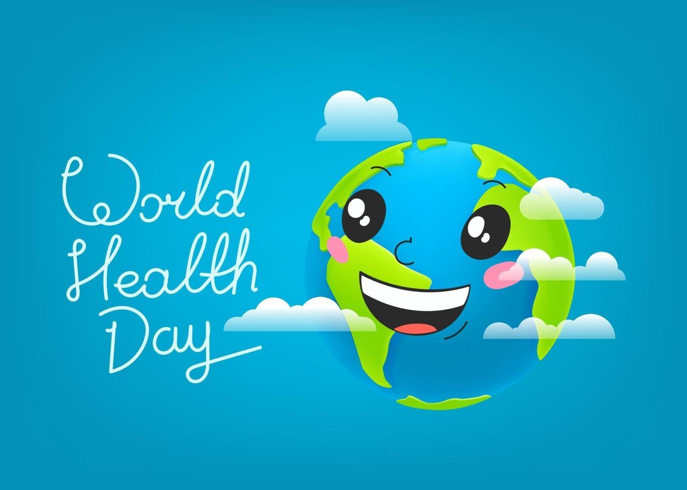 cartão de celebração do dia mundial da saúde. terra sorridente com inscrição de letras vetor