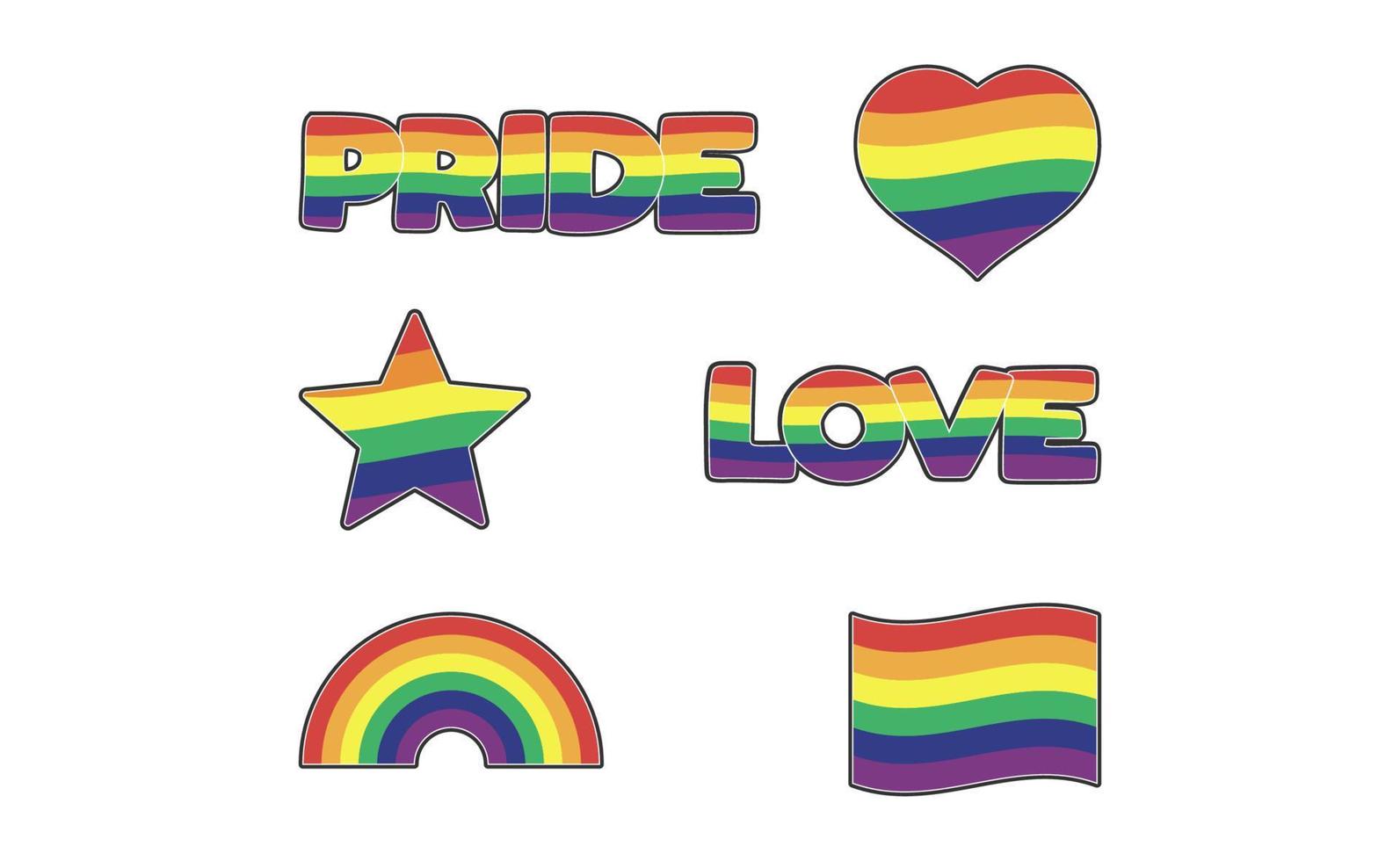 conjunto do lgbtq comunidade adesivos com bandeira, Estrela e coração formas com arco Iris cores. orgulho mês símbolos e slogan. gay parada ícones. vetor