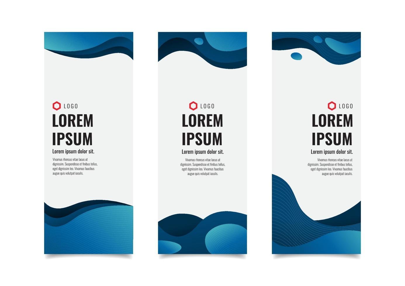 conjunto de modelos de banners verticais, formas abstratas de líquido azul onduladas com lugar para texto e logotipo, ilustração em vetor design de modelo