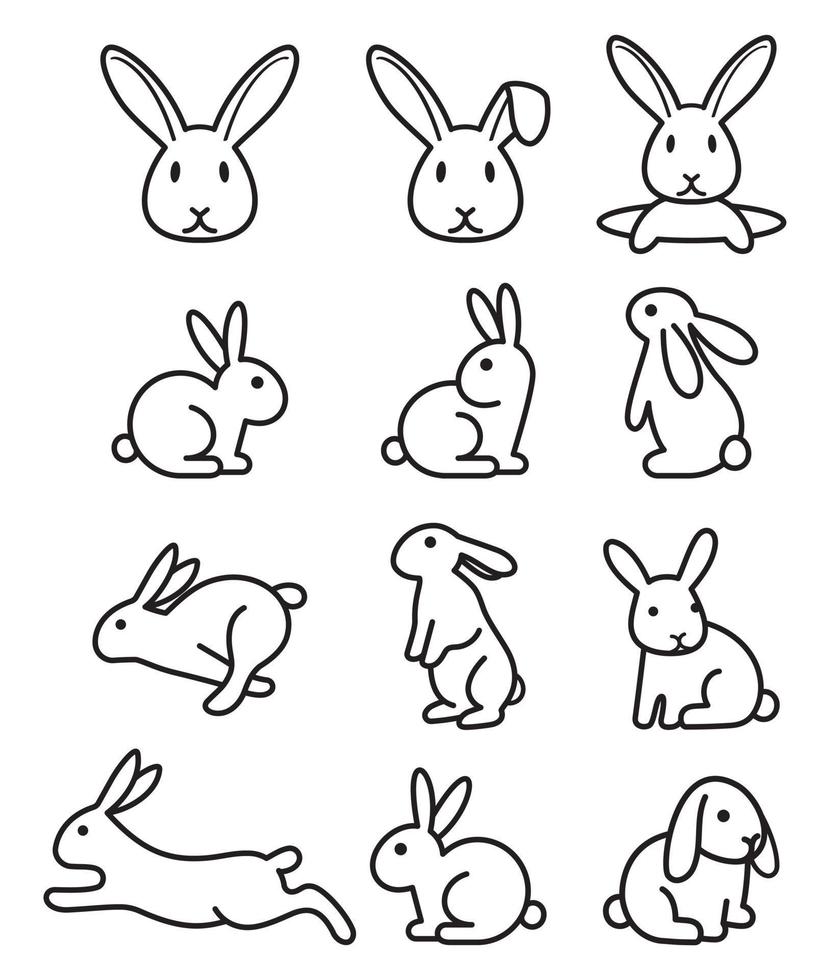 conjunto de ícones de linha de coelho coelhinho. ilustrações vetoriais. vetor