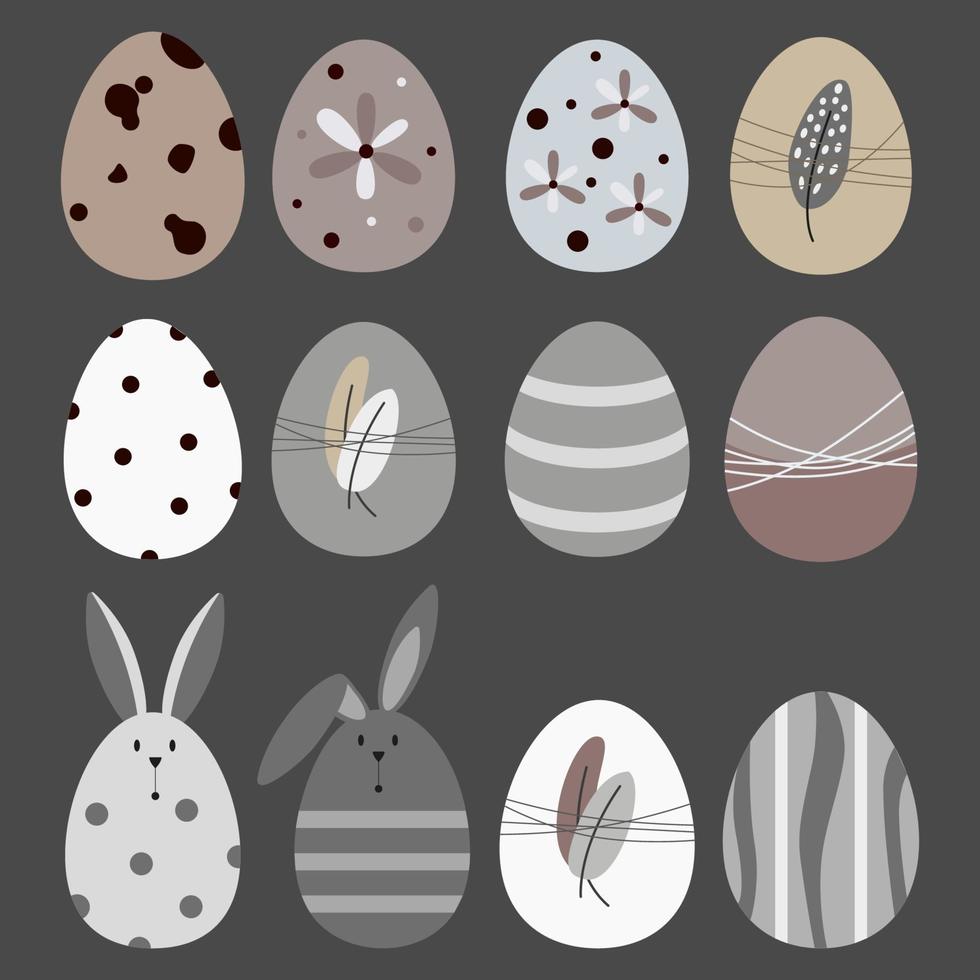 conjunto de 12 ovos de páscoa escandinavos em cores neutras para a sua decoração. feliz Páscoa conjunto. Primavera. ilustração vetorial. vetor