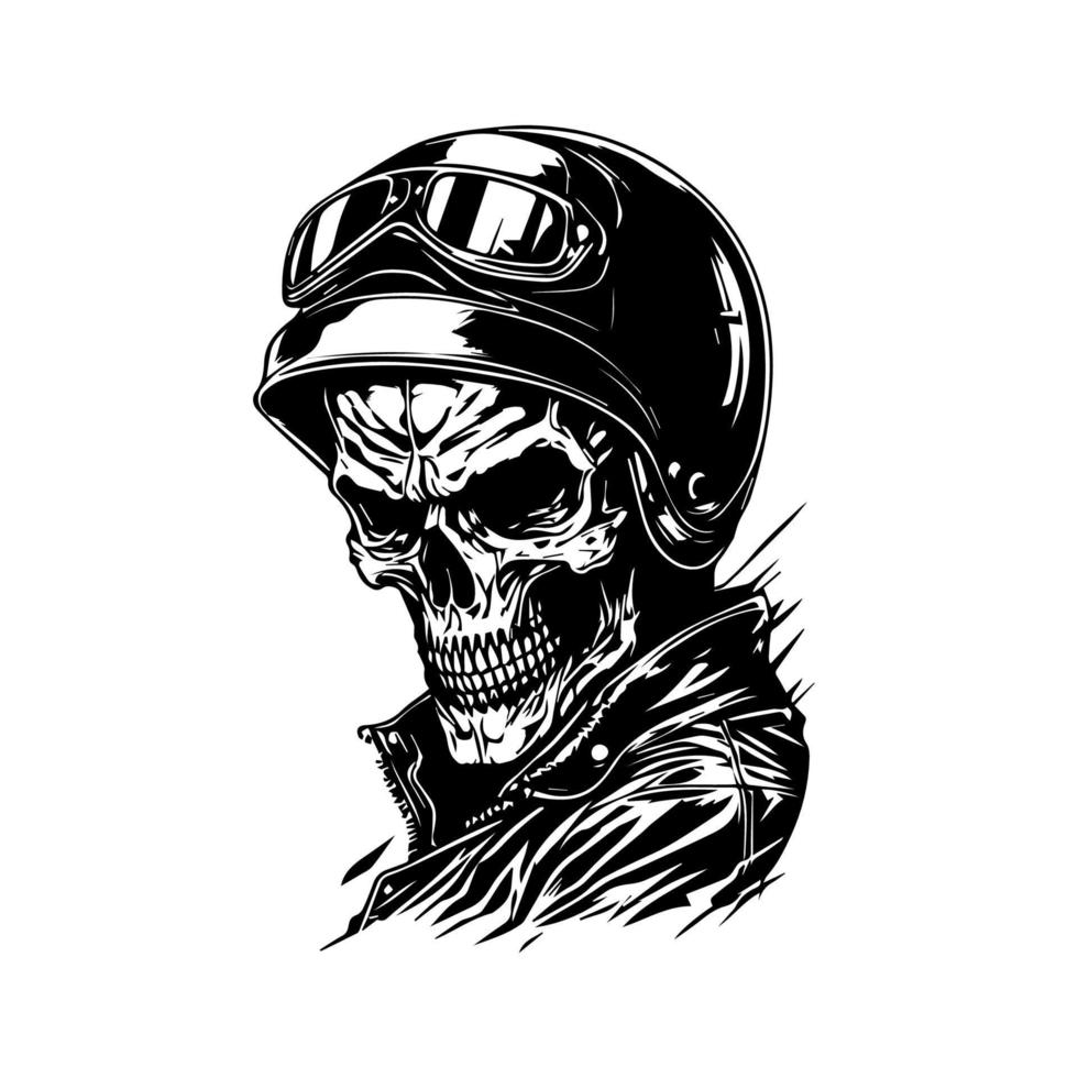 nervoso e à moda mão desenhado linha arte ilustração do uma chicano crânio motociclista vestindo uma capacete, exibindo uma único fusão do difícil e sofisticado vetor